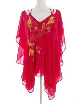 NEXT Damen Bluse Gr. 38 Fuchsia Kurzer Ärmel Stickerei Paisley V-Ausschnitt