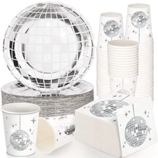Gerrii 150 Pcs 70s Disco Party Supplies Silver Disco Ball Paper Dinner Plates...