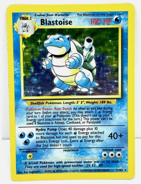 Pokemon Card Blastoise 2/102 Holo Rare Base Set Nm