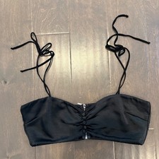 White Fox Crop Top Women Small Black Satin Bustier Bandeau Zip Front Tie Corset