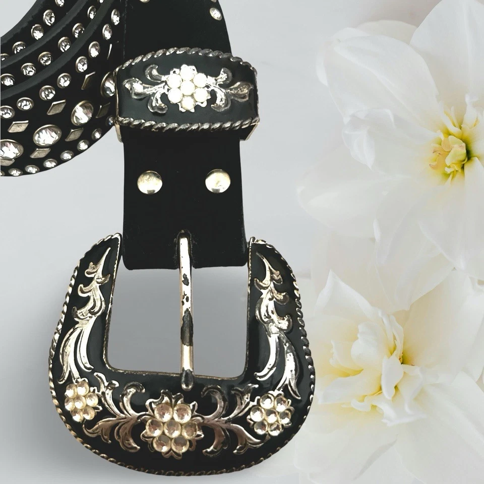 Cinturón occidental de cuero gamuza negro Nocona pedrería brillante para mujer talla mediana Foto 2 de 4
