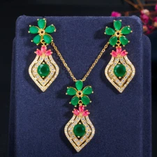 Glittering Yellow Gold Plated CZ Green Flower Women Necklace Earring Jewelry Set