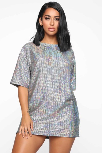Fashion Nova women XL Short Sleeve Hologram Mini Dress shirt sparkle iridescent - Picture 2 of 12