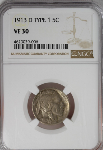 1913-D Type 1 Buffalo Nickel : NGC VF30 - Picture 1 of 4