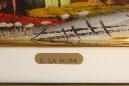 Pintura en miniatura E. LA NUSA casas de pueblo escena pintura gruesa colorida enmarcada - Imagen 4 de 13
