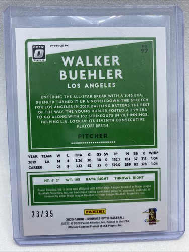 2020 Donruss Optic Walker Buehler Teal Velocity #/35 Dodgers Clean - Picture 2 of 2