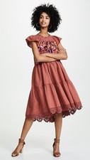$645 ULLA JOHNSON Pinar Floral Embroidered Linen Cotton Midi Dress Marsala Rust