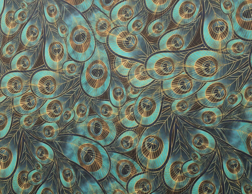 Vibrant Peacock - Teal, Brown, Gold Design Spandex Fabric 4 Way Stretch By Yard - Picture 3 of 3