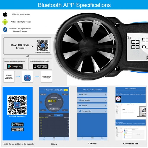 Digital Anemometer Bluetooth Wind Speed Gauge Meter 0.3-30M/s Temp Data Record - Picture 4 of 10