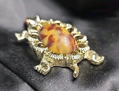 Vintage Brown Stone Cabochon Turtle Brooch Pin Pendant Gold Tone Gerry's 2 1/4" - Picture 10 of 12