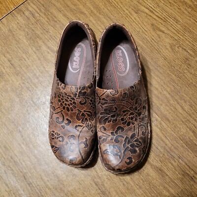 Klogs Naples Tooled Brown Leather Floral Imprinted Clog/Mule Shoes Size 9M 