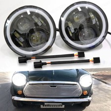 1 Pair 7 inch Round LED Headlight Halo Hi/Lo Beam for Classic Mini Austin Rover
