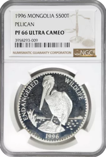 Mongolia Silver 500 Tugrik 1996 NGC: PR 66 Ultra Cameo “Pelican”. #C400