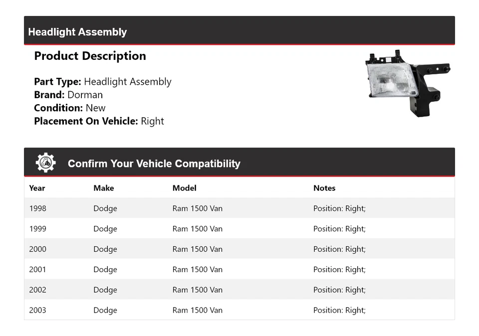 Conjunto de faros derecho para Dodge Ram 1500 Van Dorman 1998-2003 1999 2000 2001 Foto 2 de 4