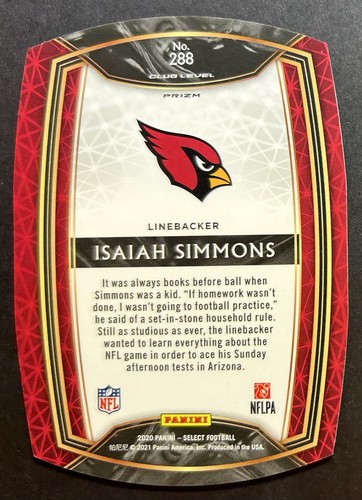 2020 Panini Select - Club Level Red Prizm Die-Cut #288 Isaiah Simmons (RC) - Picture 2 of 2