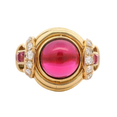 Vintage Retro Yellow Gold Concentric Synthetic Ruby Diamond Accent ...