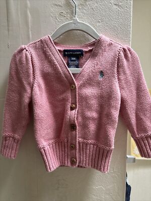 ralph lauren girls pink knit cardigan sweater 100% cotton size 12m
