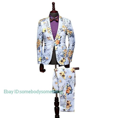 Men's Groom Wedding Dress Printed Floral Suit 2PCS Blazer Pants Party - Picture 5 of 11
