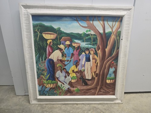 HAITIAN ART PAINTING PIERRE AUGUSTIN LISTED ARTIST FOLK ART VILLAGE SCENE - Picture 5 of 12