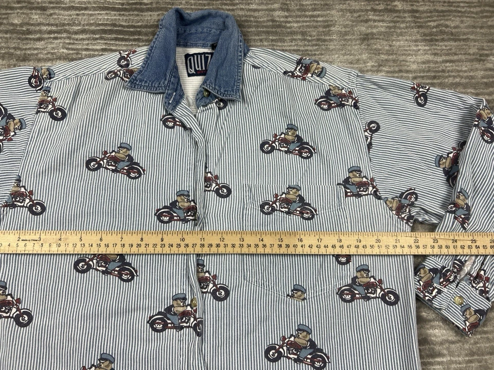 Top Quizz Para Mujer Medio Azul Blanco Rayas Osos en Bicicleta Patrón Denim Cuello Foto 4 de 4