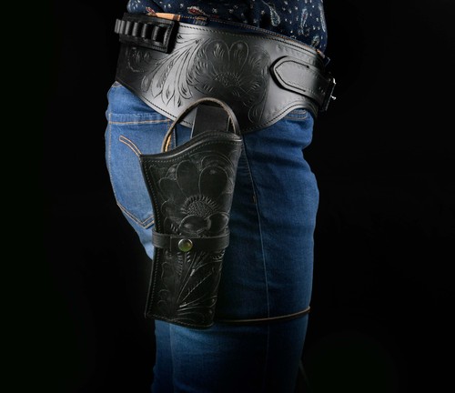 WESTERN LEATHER COWBOY TOOLED STYLE SINGLE DROP RIG GUN HOLSTER & GUN BELT - Picture 12 of 22