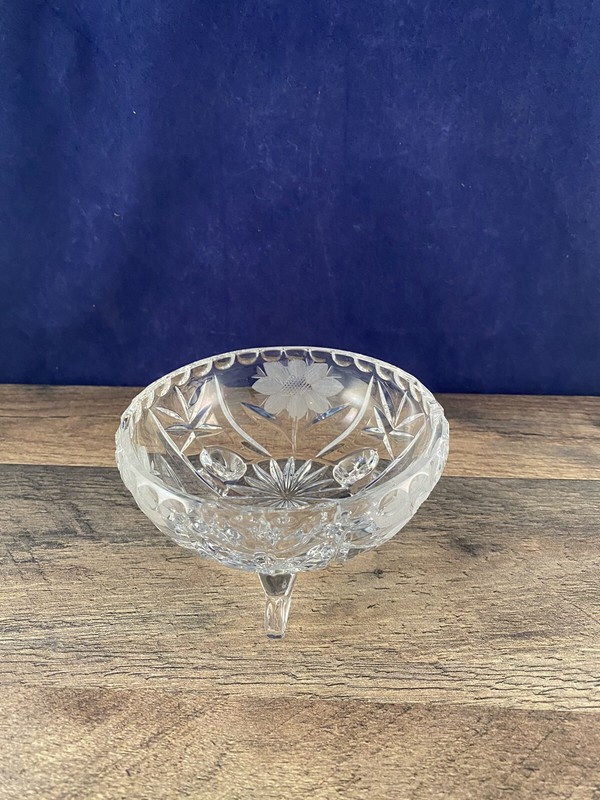 Clear Crystal Three Footed Candy Dish Flower Daisy? Sunflower?