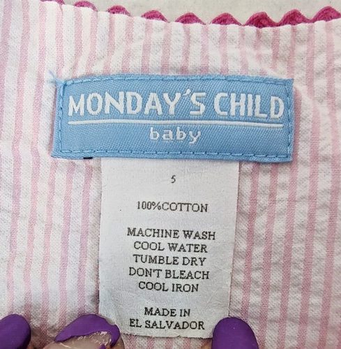 Monday's Child Flamingo Applique Dress Girls 5 Pink Stripes Seersucker Shift - Picture 4 of 9
