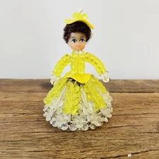 Vintage 1970s Safety Pin Brunette Doll Beaded Yellow & Clear Beads