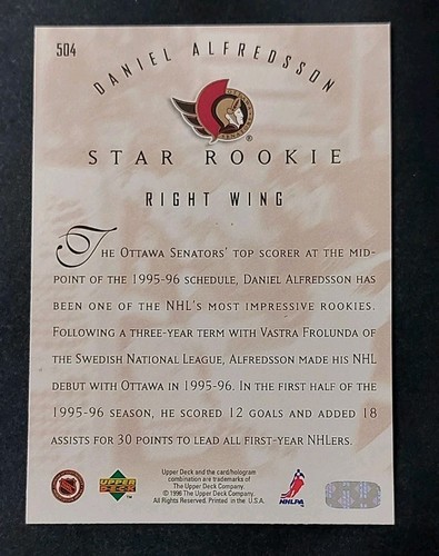 1995-96 Upper Deck Daniel Alfredsson Rookie Card #504. Ottawa Senators - Bild 2 von 2