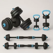 20KG 3-in-1 Adjustable Dumbbell Barbell Kettlebell Set Blue/Black Home Gym Weigh