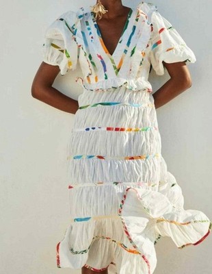 Farm Rio Mixed Off-White Multi Midi Stufen Boho Midi Puffärmel Kleid Gr. XS