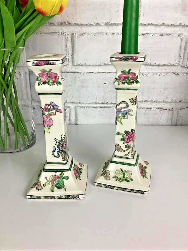 Candle Stick Holders Porcelain Raised Floral Design 7.25” Tall Set of 2 - Image 2 of 4