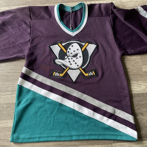 Vintage 90’s Mighty Ducks Of Anaheim Jersey Mens SM Purple Teal CCM NHL Disney - Picture 2 of 9