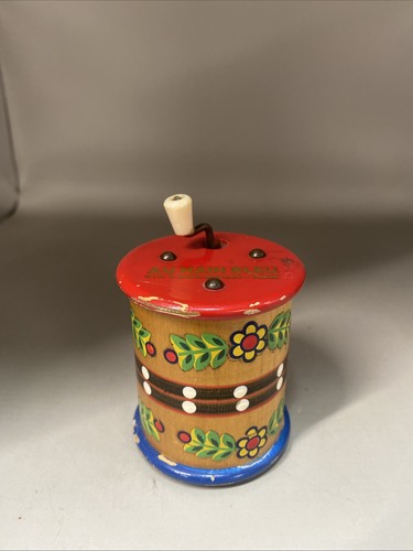 Au Nain Bleu Paris Wooden Spool Windup Music Box 2.75” tall X 2.25” wide Works