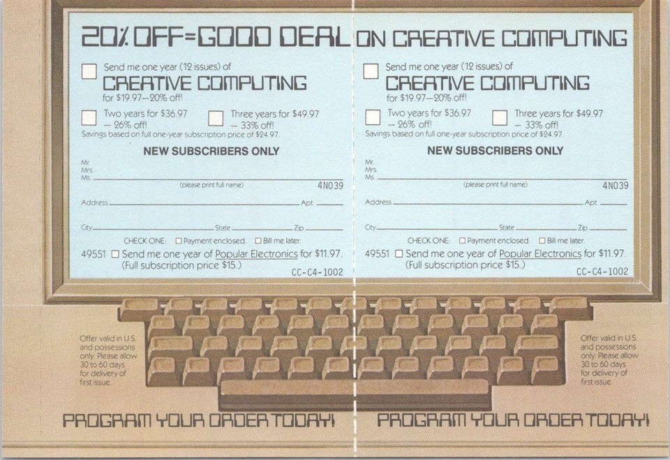 An original 1980s Creative Computing magazine subscription ad — a tiny paper artifact from the dawn of home computing culture, perfect for framing.