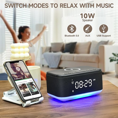 Alarm Clock Speaker Wireless Charger, Digital Clocks Bedrooms Black - Picture 6 of 8