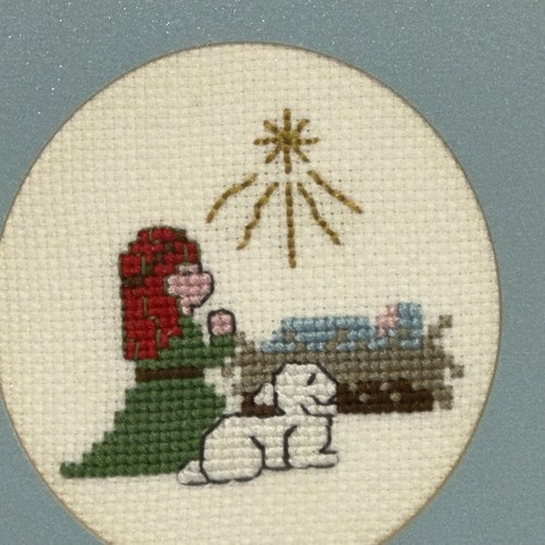 Presepe punto croce cucito a mano mangiatoia natalizia Gesù incorniciato vintage - Foto 2 di 5
