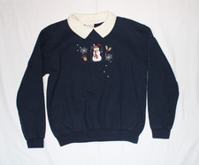 VTG Morning Sun Top Stitch Snowman Winter Navy Blue Collared Sweatshirt - Med