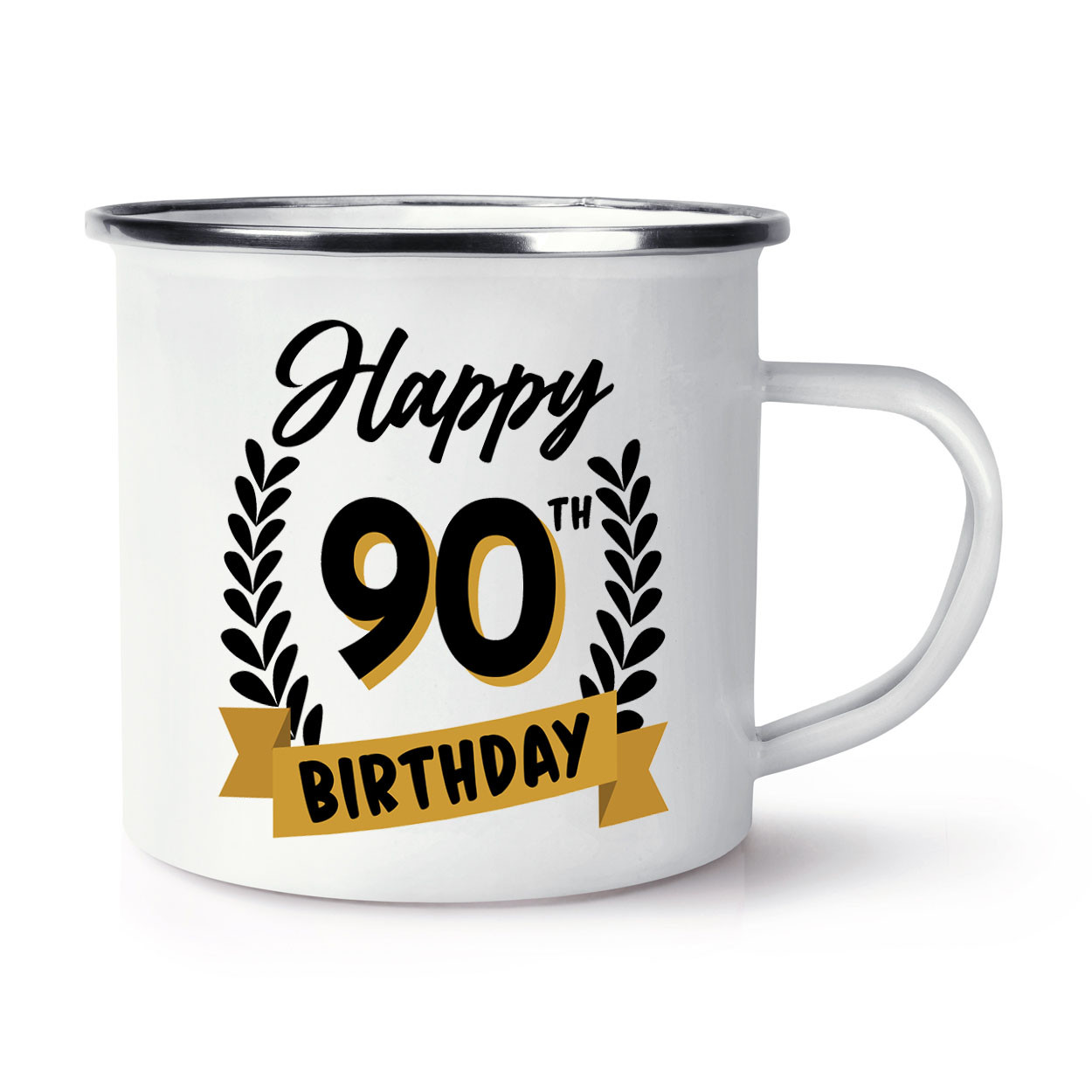 Happy 90th Birthday Black Gold Enamel Mug Cup Grandma Grandad Mum Dad