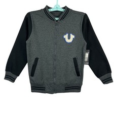 True Religion Boys Graphic Zip-Up Jacket M 10/12 Black  Gray Ribbed Trim NWT