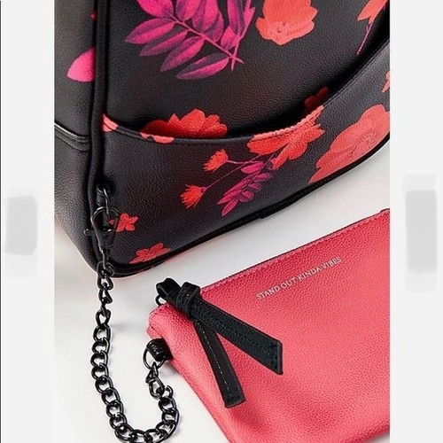 Justice Mini-Rucksack schwarz & rosa Blumenmuster mit Kettendetail & Reißverschlusstasche - Bild 2 von 6