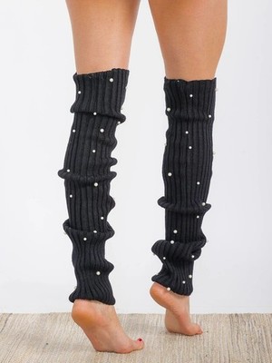Women's Pearl Detailed Ribbed Knit Leg Warmers Color Black One size