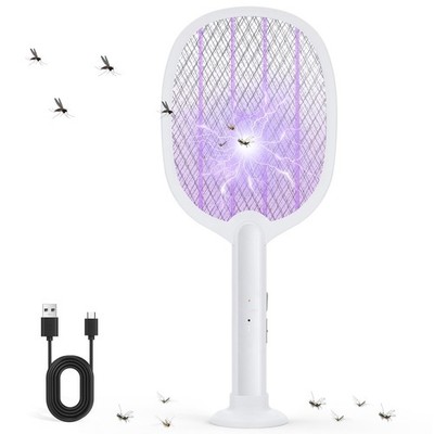 Elektrischer Fliegenzapper, 2 in 1 Insektenklatsche mit Basis, USB C wiederaufladbar weiß