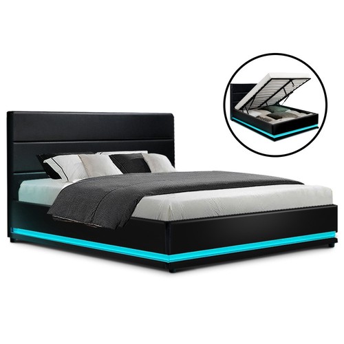 Artiss Bed Frame Double Size LED Gas Lift Black LUMI - Picture 7 of 7