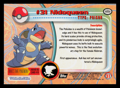 LP - Pokemon Topps Nidoqueen #31 Edición de Animación TV Serie 1 (Logo Negro) - Imagen 2 de 2