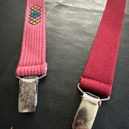 Vintage Suspenders Diamonds Red Gold Green Embroidered Woven Cotton  - Picture 5 of 10