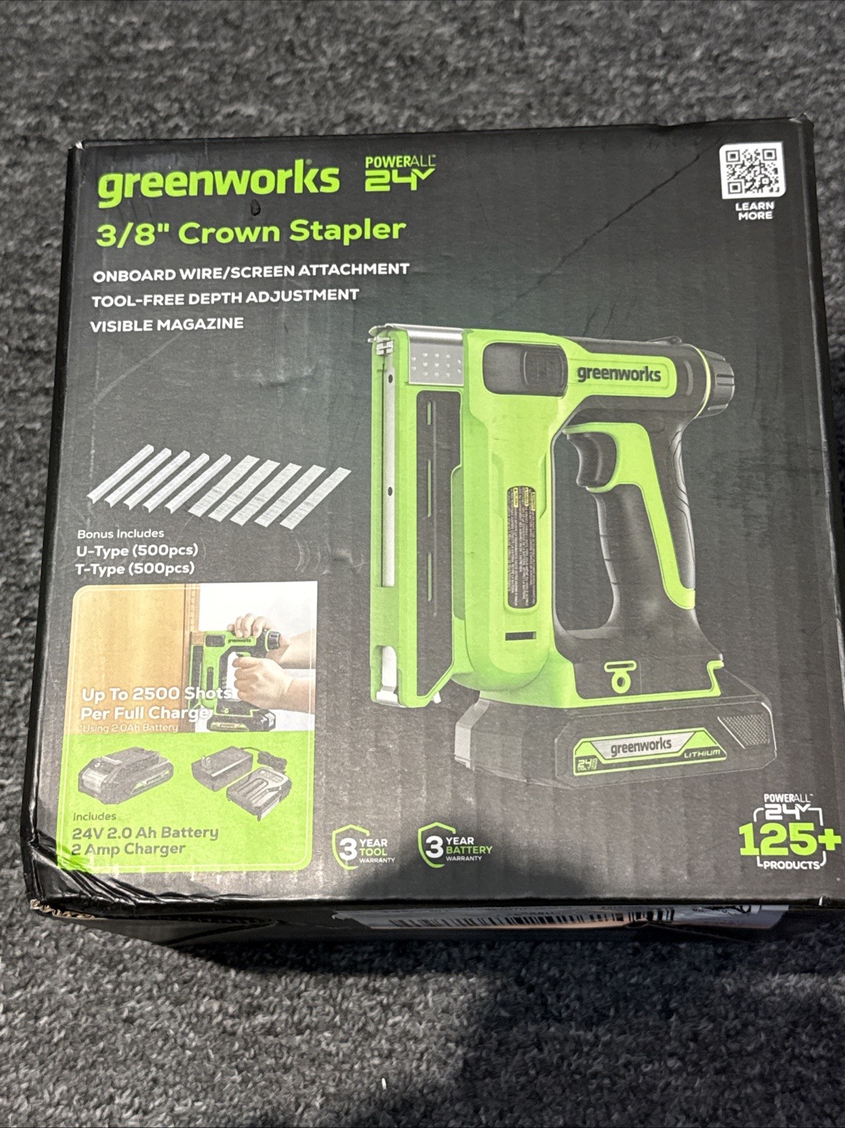 Greenworks POWERALL 24V Cordless 3/8'' Crown T50 Stapler wit