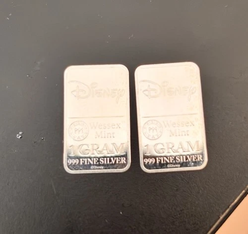 2x Disney 1 Gram 999 Fine Silver Bars - Wessex Mint Bullion Collectible
