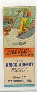 Vintage matchbook cover for The Knick Agency in Watertown, Wisconsin