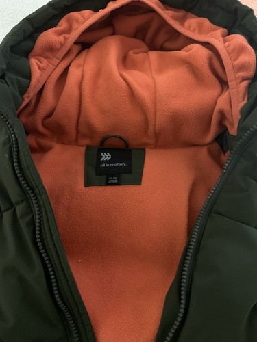 All In Motion Boys' Puffer Jacket Size XL 16 In Olive Green w/ orange Zip/Hood - Picture 3 of 9